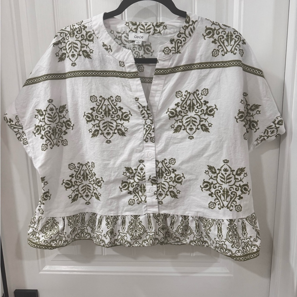 CeCe White and Green Patterned Blouse 100% Cotton